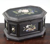 A Victorian octagonal Derbyshire black marble casket, the panels inlaid with coloured hard stones,