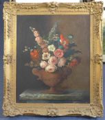 Dutch Schooloil on canvas,Still life of flowers in an urn on a ledge,30 x 25in.
