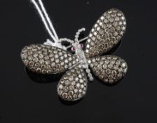 An 18ct white gold and pave set two colour diamond butterfly brooch, with cabochon ruby eyes,
