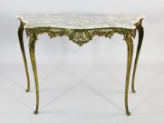 A Louis XV style marble and brass side table, with serpentine top over a pierced and scroll