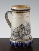 Hannah and Lucy Barlow for Doulton Lambeth. A `cats` ewer, dated 1883, with beaded borders and