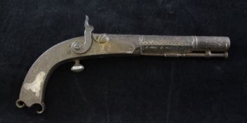 A 19th century Scottish steel percussion pistol, engraved with thistles, leaves and arabesque