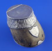 A Victorian silver mounted horse hoof inkwell with military related inscription, "Henry Fennings