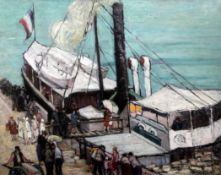 Mabel Harrison (Exh. 1907-36)oil on board,French harbour scene with figures embarking on a jetty,