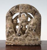 A Southern Indian carved wood chariot panel, 18th century or earlier, of arched form carved with