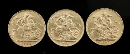 Three Edward VII gold full sovereigns, 1907, 1908 & 1910.