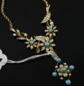 An Edwardian 15ct gold, seed pearl and turquoise set drop pendant necklace, with foliate links, on a