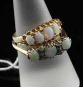 An 18ct gold and seven stone white opal and diamond half hoop ring and one other 18ct gold and white