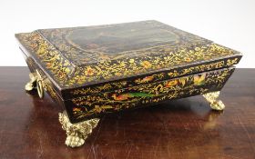 A Regency rectangular sarcophagus shape work box, the lid painted with a scene of the bay of