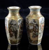 A pair Japanese Satsuma pottery hexagonal small vases, early 20th century, possibly signed