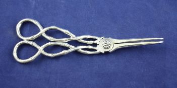 A pair of early Victorian silver grape shears, with engraved armorial and rustic handles, Rawlings &