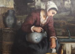 Manner of Jules Bretonoil on canvas,Woman holding a stoneware pitcher seated beside a spring,22 x