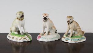 Three Derby porcelain figures of seated Pug dogs, c.1800-30, each in seated pose, two facing to