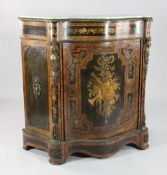 A 19th century French serpentine marquetry inlaid side cabinet, with marble top and ormolu mounts,