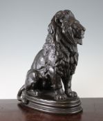 Antoine Louis Bayre. A 19th century patinated bronze model of a seated lion, on an oval base, signed