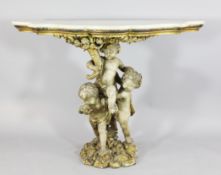 A 19th century gilt gesso and plaster serpentine console table, with white marble top on a base