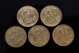 Five George V gold half sovereigns, 1911(2), 1912 & 1914(2).