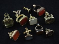 Eleven assorted, mainly carnelian set fob seals.