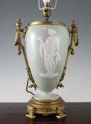 A French pate-sur-pate porcelain and ormolu mounted vase, late 19th century, mounted as a lamp,