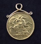 A Victoria 1887 jubilee £2 gold coin, now with pendant mount.