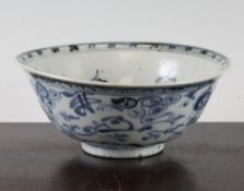 A Chinese late Ming blue and white bowl, the exterior painted with scrolls and stylised leaves,