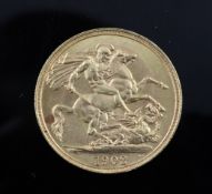 An Edward VII 1902 £2 gold coin.