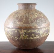 An Indian engraved and polychrome decorated ovoid vase, with a continuous band depicting a