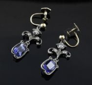 A pair of 19th century gold and silver, sapphire and diamond drop earrings, set with cushion cut