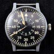 A WWII German Luftwaffe pilot`s nickel cased Laco military wrist watch, the black Arabic dial with