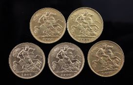 Five Edward VII gold half sovereigns, 1906, 1907(3) & 1908.