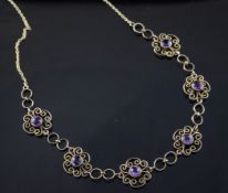 An Italian 18ct gold and amethyst set foliate link fringe necklace, post 1968 mark, 15in.