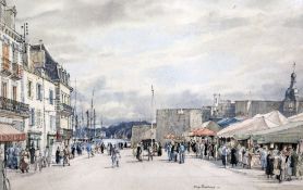 Sir Henry Rushbury (1889-1968)ink and watercolour,`Monday market, Concarneau`,signed,10.5 x 15.5in.