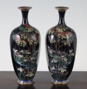 A pair of Japanese silver wire cloisonne enamel hexagonal baluster vases, Meiji period, each