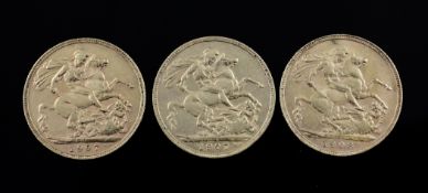 Three Edward VII gold full sovereigns, 1907(2) and 1908.