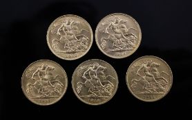 Five George V gold half sovereigns, 1911(2), 1912 & 1913(2).