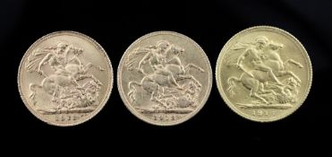 Three George V gold full sovereigns, 1911 & 1913(2).