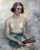 John Wolseley (1938 -)oil on canvas,Seated ballerina holding a fan,signed,33 x 28in.