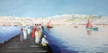 Hans Hansen (1853-1947)watercolour,Figures on a jetty, Algiers,signed,10.25 x 21.25in.