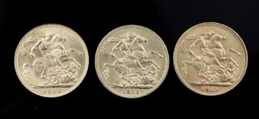 Three George V gold full sovereigns, 1911, 1912 & 1925.