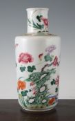 A Chinese famille rose rouleau vase, 19th century, painted with butterflies amid peonies,