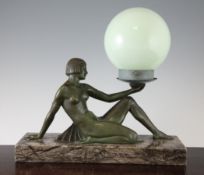 An Art Deco patinated bronze figural lamp, modelled as a seated Egyptianesque female, with pale