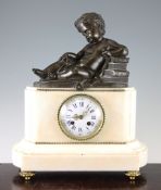 A 19th century French bronze and white marble mantel clock, surmounted with a figure of a putto