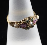 A 15ct gold Victorian pearl, tourmaline and demantoid garnet dress ring, with engraved shank, size