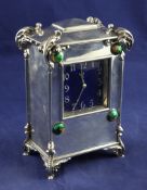 An Edwardian Arts & Crafts silver and enamel timepiece by William Comyns, of rectangular form,