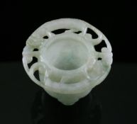 A Chinese white and green jadeite small tripod pot, 19th/20th century, of cylindrical form the