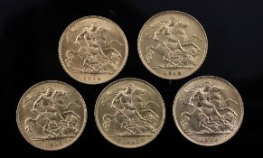 Five George V gold half sovereigns, 1913(2(, 1914 & 1915(2), uncirculated.