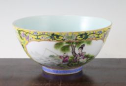 A Chinese famille rose yellow ground bowl, Yongzheng six character mark but later, painted with