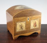 An early 19th century rosewood domed top casket, with printed polychrome allegorical figures,