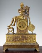 A French Empire ormolu mantel clock, surmounted with Oedipus playing a lyre, with unsigned silk