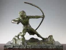 R. De Wanderleir. A French Art Deco patinated bronze model of a male archer, on a rectangular